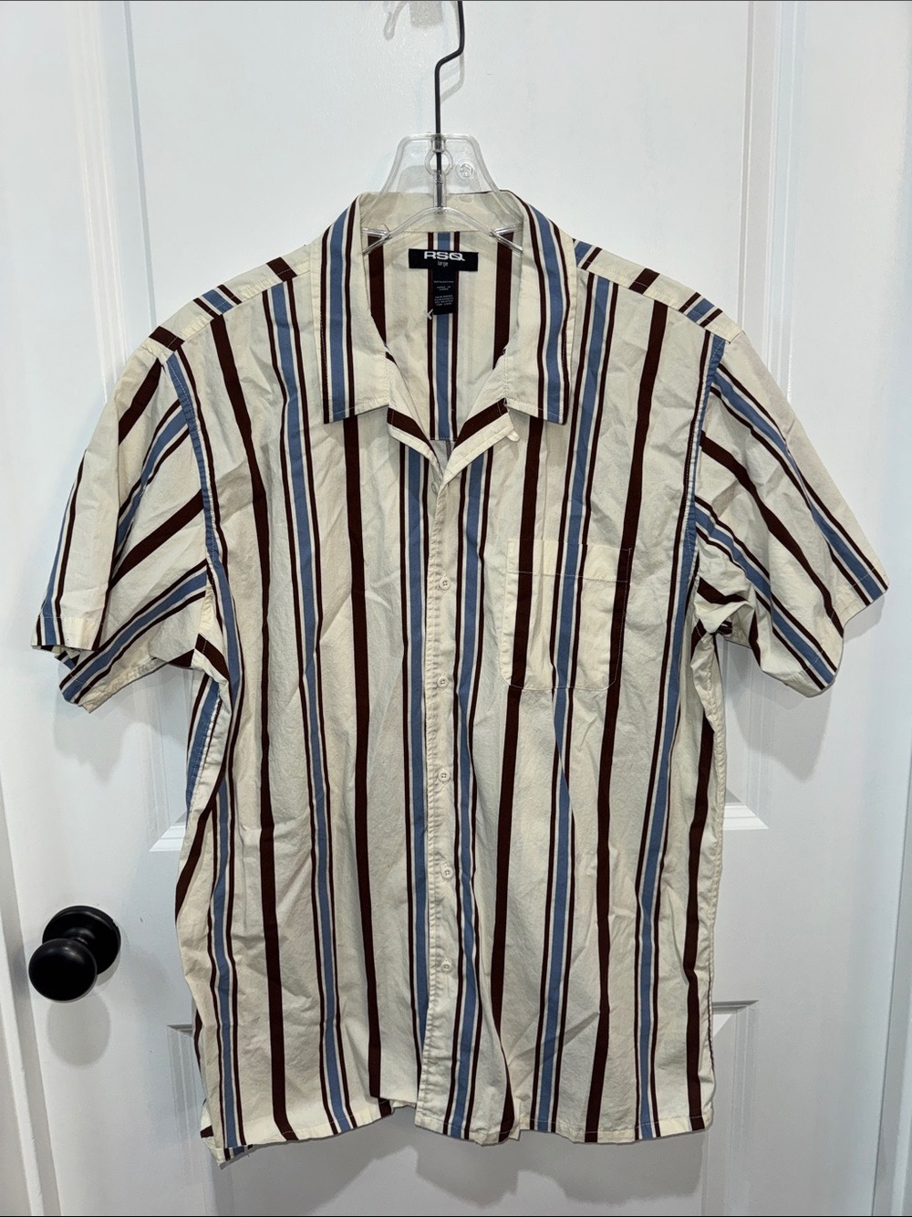 RSQ Cream, Brown and Blue Vertical Stripe Short-Sleeve Button-Down